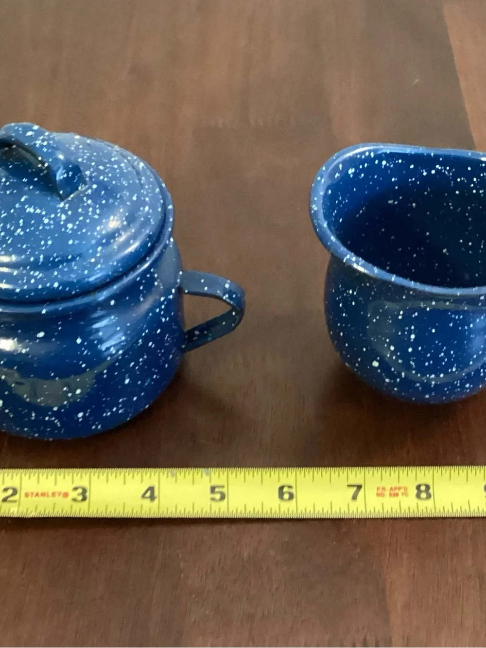 Vtg Blue Speckled Enamelware Sugar & Creamer Set